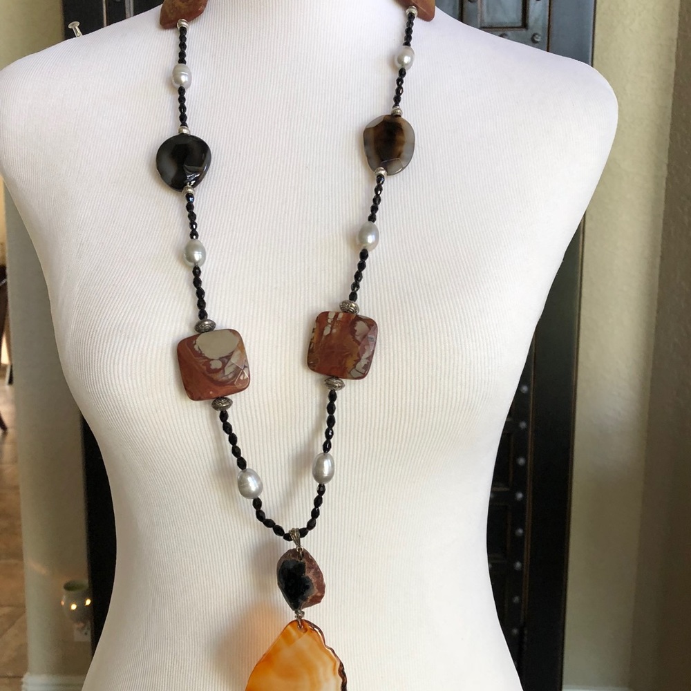 Handmade Long Statement Necklace with Agate, Pearls and Other Natural Stones